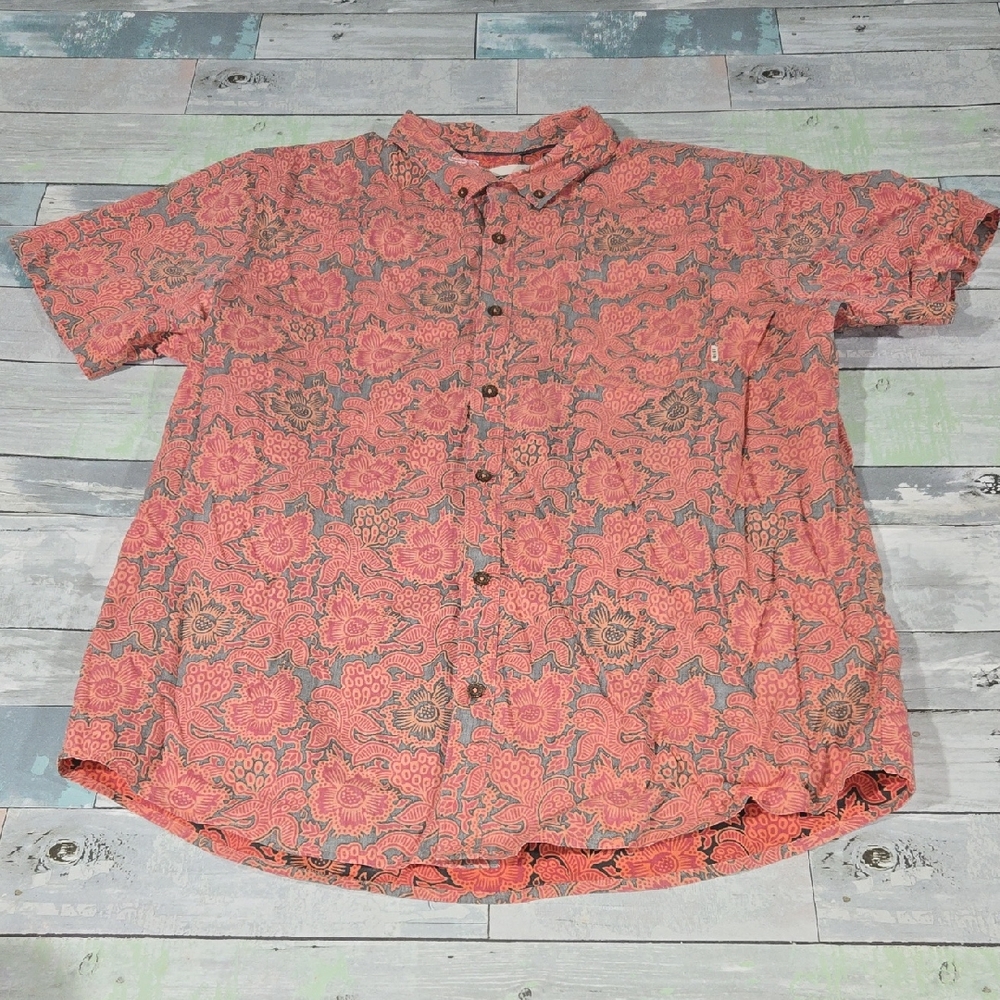 Reef Coral and Gray Floral Men's Button Down Dress Shirt Sz X-Large